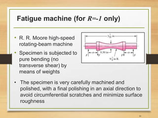Fatigue machine (for R=-1 only)
• R. R. Moore high-speed
rotating-beam machine
• Specimen is subjected to
pure bending (no
transverse shear) by
means of weights
20
• The specimen is very carefully machined and
polished, with a final polishing in an axial direction to
avoid circumferential scratches and minimize surface
roughness
 