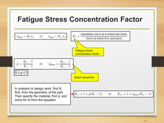 Fatigue Stress Concentration Factor
47
Fatigue stress
concentration factor
Notch sensitivity
10  q
In analysis or design work, find Kt
first, from the geometry of the part.
Then specify the material, find q, and
solve for Kf from the equation
 