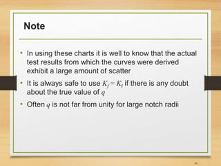 Note
• In using these charts it is well to know that the actual
test results from which the curves were derived
exhibit a large amount of scatter
• It is always safe to use Kf = Kt if there is any doubt
about the true value of q
• Often q is not far from unity for large notch radii
50
 