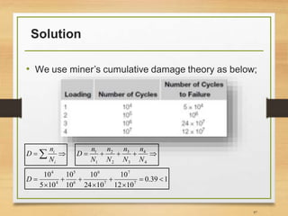 Solution
• We use miner’s cumulative damage theory as below;
97
 
i
i
N
n
D 
4
4
3
3
2
2
1
1
N
n
N
n
N
n
N
n
D
139.0
1012
10
1024
10
10
10
105
10
7
7
7
6
6
5
4
4






D
 