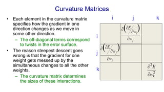 Curvature Matrices
• Each element in the curvature matrix
specifies how the gradient in one
direction changes as we move in
some other direction.
– The off-diagonal terms correspond
to twists in the error surface.
• The reason steepest descent goes
wrong is that the gradient for one
weight gets messed up by the
simultaneous changes to all the other
weights.
– The curvature matrix determines
the sizes of these interactions.
i j k
i
j
k
2
2
k
w
E


j
i
w
w
E



 )
(
i
j
w
w
E



 )
(
 