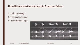 The additional reaction take place in 3 stages as follow :
1. Induction stage
2. Propagation stage
3. Termination stage
2/24/2016 Dr. HebaA Mohammad Uruk University 25
 