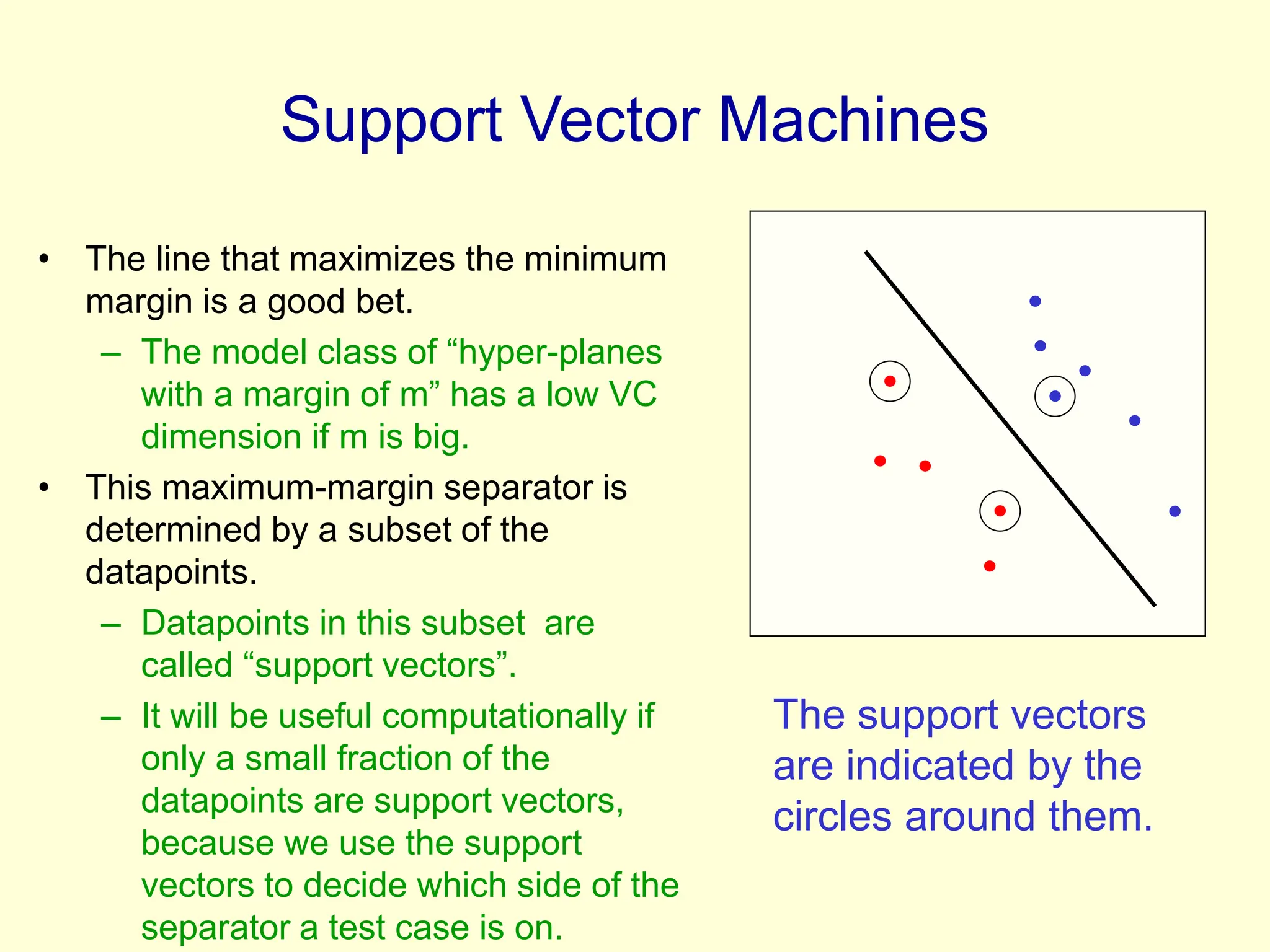 Support Vector Machines
• The line that maximizes the minimum
margin is a good bet.
– The model class of “hyper-planes
with a margin of m” has a low VC
dimension if m is big.
• This maximum-margin separator is
determined by a subset of the
datapoints.
– Datapoints in this subset are
called “support vectors”.
– It will be useful computationally if
only a small fraction of the
datapoints are support vectors,
because we use the support
vectors to decide which side of the
separator a test case is on.
The support vectors
are indicated by the
circles around them.
 