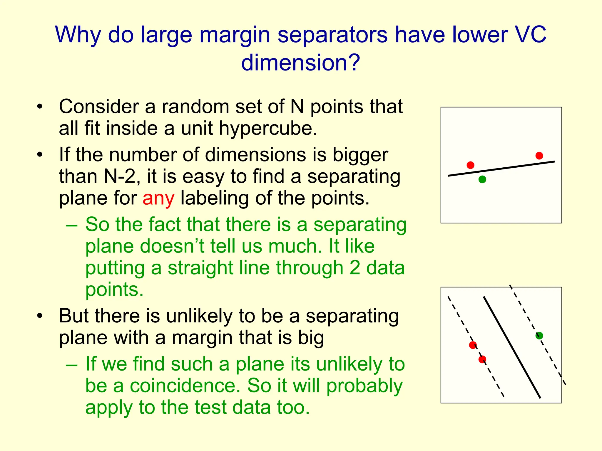 Why do large margin separators have lower VC
dimension?
• Consider a random set of N points that
all fit inside a unit hypercube.
• If the number of dimensions is bigger
than N-2, it is easy to find a separating
plane for any labeling of the points.
– So the fact that there is a separating
plane doesn’t tell us much. It like
putting a straight line through 2 data
points.
• But there is unlikely to be a separating
plane with a margin that is big
– If we find such a plane its unlikely to
be a coincidence. So it will probably
apply to the test data too.
 