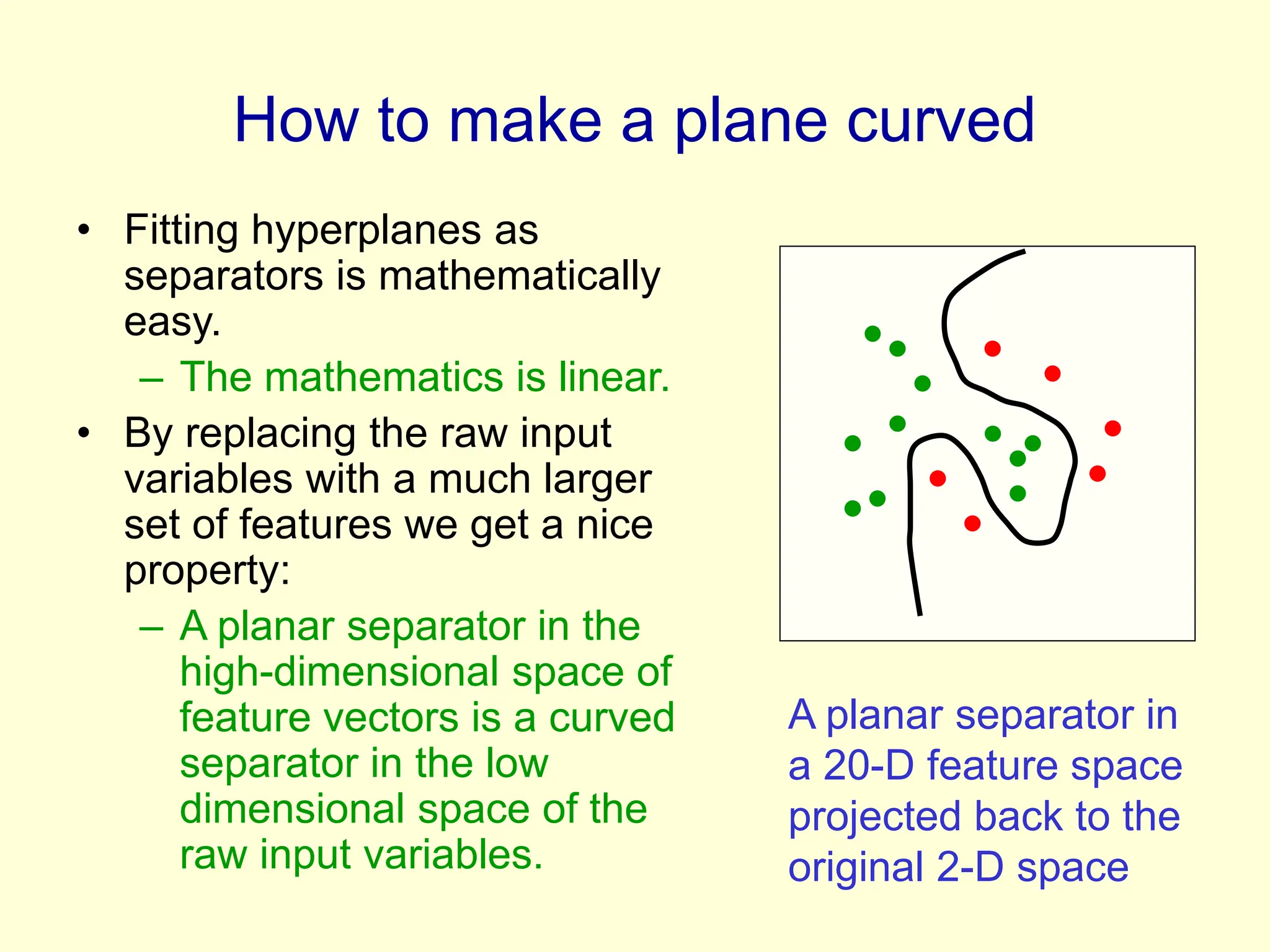 How to make a plane curved
• Fitting hyperplanes as
separators is mathematically
easy.
– The mathematics is linear.
• By replacing the raw input
variables with a much larger
set of features we get a nice
property:
– A planar separator in the
high-dimensional space of
feature vectors is a curved
separator in the low
dimensional space of the
raw input variables.
A planar separator in
a 20-D feature space
projected back to the
original 2-D space
 