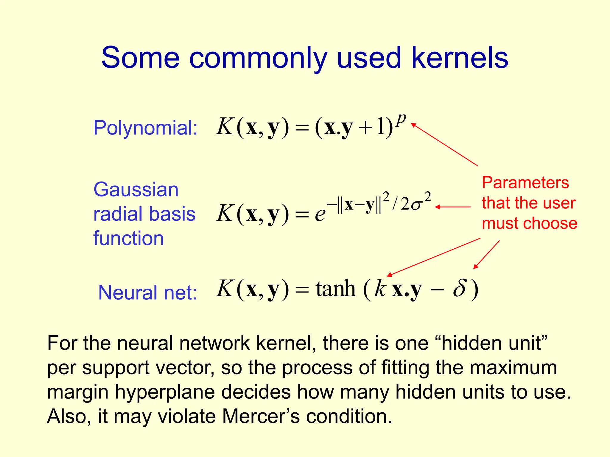 Some commonly used kernels
)
(
tanh
)
,
(
)
,
(
)
1
.
(
)
,
(
2
2
2
/
||
||









x.y
y
x
y
x
y
x
y
x
y
x
k
K
e
K
K p
Polynomial:
Gaussian
radial basis
function
Neural net:
For the neural network kernel, there is one “hidden unit”
per support vector, so the process of fitting the maximum
margin hyperplane decides how many hidden units to use.
Also, it may violate Mercer’s condition.
Parameters
that the user
must choose
 
