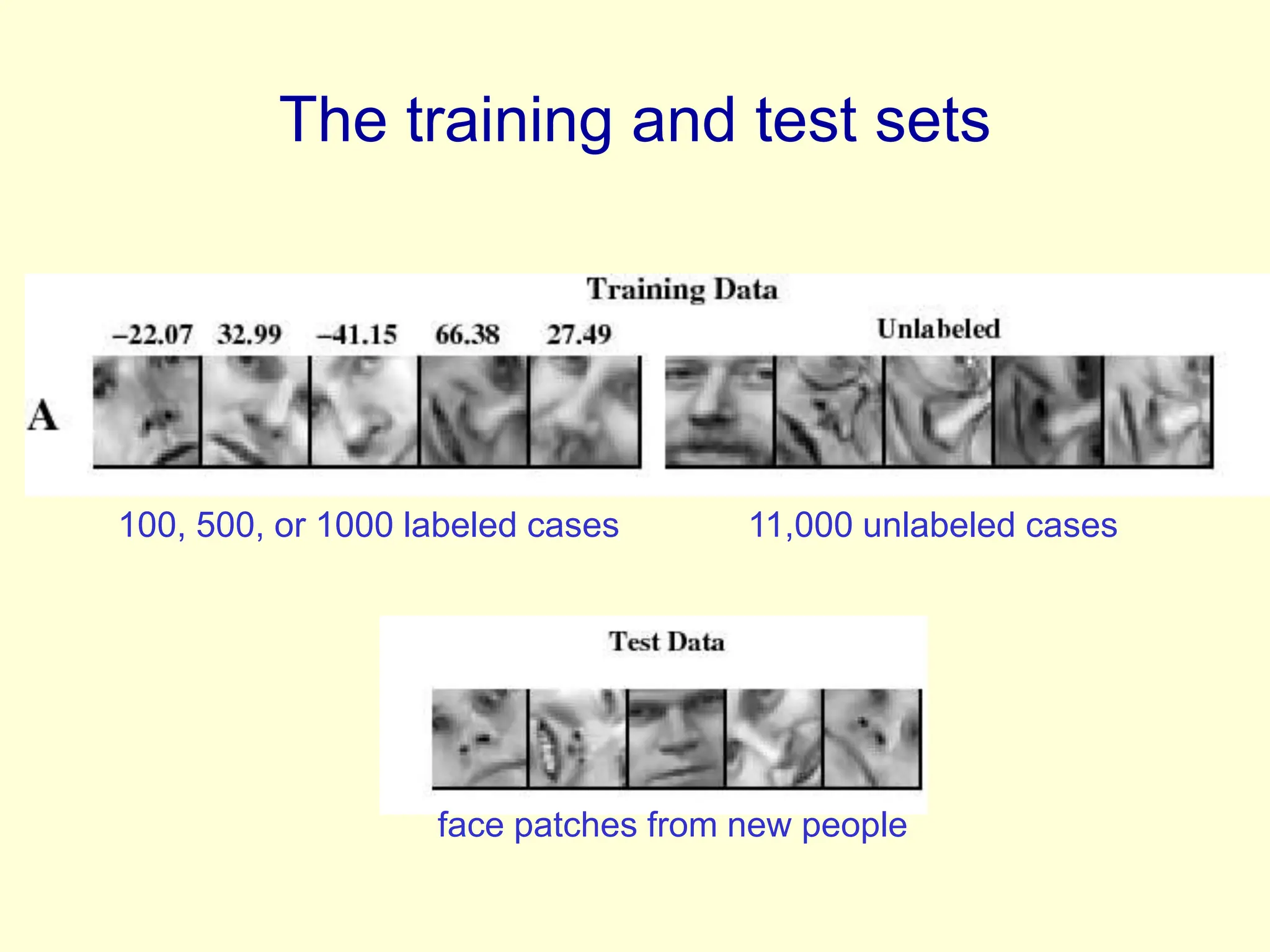 The training and test sets
11,000 unlabeled cases
100, 500, or 1000 labeled cases
face patches from new people
 