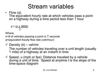 Dr. Lina Shbeeb 8
Stream variables
• Flow (q)
The equivalent hourly rate at which vehicles pass a point
on a highway during a time period less than 1 hour
q = (n x 3600)
T
Where;
n=# of vehicles passing a point in T seconds
q=equivalent hourly flow rate (veh/hour)
 Density (k) – veh/mi
The number of vehicles traveling over a unit length (usually
1 mile) of a highway at an instant in time
 Speed, u (mph or fps): Distance traveled by a vehicle
during a unit of time. Speed at anytime t is the slope of the
time-space diagram
 