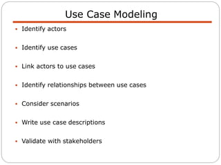  Identify actors
 Identify use cases
 Link actors to use cases
 Identify relationships between use cases
 Consider scenarios
 Write use case descriptions
 Validate with stakeholders
Use Case Modeling
 