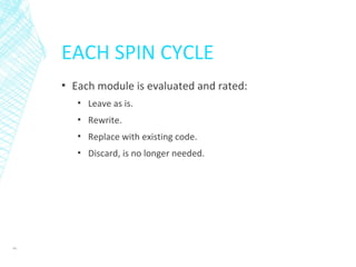EACH SPIN CYCLE
▪ Each module is evaluated and rated:
▪ Leave as is.
▪ Rewrite.
▪ Replace with existing code.
▪ Discard, is no longer needed.
46
 