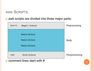AWK SCRIPTS
 awk scripts are divided into three major parts:
 comment lines start with # 14
 