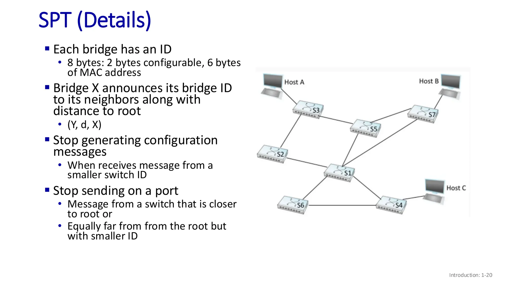 SPT (Details)
▪ Each bridge has an ID
• 8 bytes: 2 bytes configurable, 6 bytes
of MAC address
▪ Bridge X announces its bridge ID
to its neighbors along with
distance to root
• (Y, d, X)
▪ Stop generating configuration
messages
• When receives message from a
smaller switch ID
▪ Stop sending on a port
• Message from a switch that is closer
to root or
• Equally far from from the root but
with smaller ID
Introduction: 1-20
 