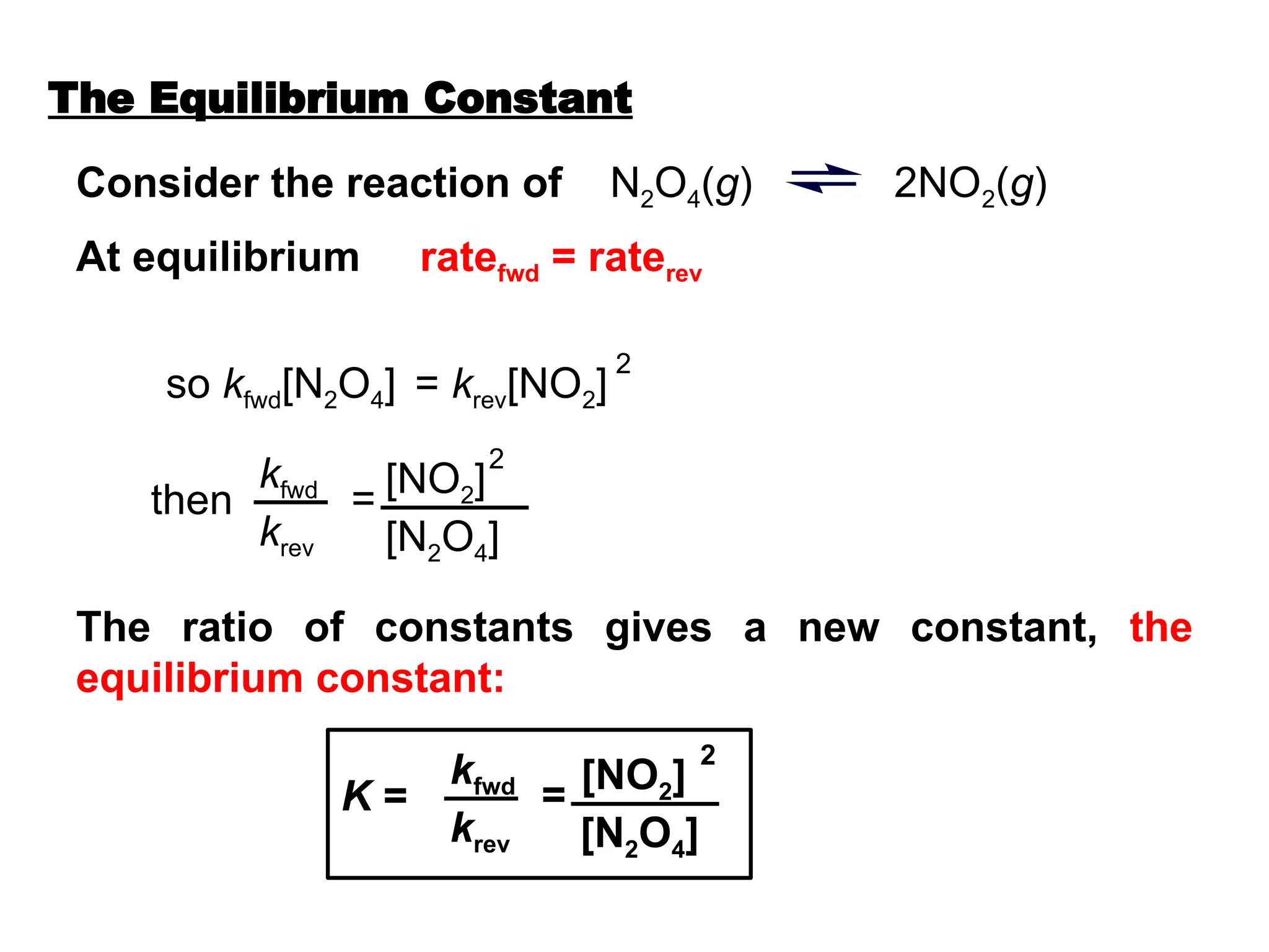 At equilibrium ratefwd = raterev
so kfwd[N2O4] = krev[NO2]
2
kfwd
krev
[NO2]
[N2O4]
2
=
then
The ratio of constants gives a new constant, the
equilibrium constant:
kfwd
krev
[NO2]
[N2O4]
2
=
K =
Consider the reaction of N2O4(g) 2NO2(g)
The Equilibrium Constant
 