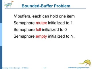 Bounded-Buffer Problem
N buffers, each can hold one item
Semaphore mutex initialized to 1
Semaphore full initialized to 0
Semaphore empty initialized to N.

Operating System Concepts – 8 th Edition

6.11

Silberschatz, Galvin and Gagne

 