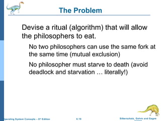 The Problem
Devise a ritual (algorithm) that will allow
the philosophers to eat.
No two philosophers can use the same fork at
the same time (mutual exclusion)
No philosopher must starve to death (avoid
deadlock and starvation … literally!)

Operating System Concepts – 8 th Edition

6.19

Silberschatz, Galvin and Gagne

 