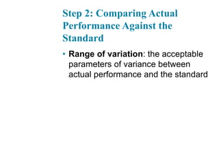 Step 2: Comparing Actual
Performance Against the
Standard
• Range of variation: the acceptable
parameters of variance between
actual performance and the standard
 