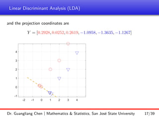 Linear Discriminant Analysis (LDA)
and the projection coordinates are
Y = [0.2928, 0.0252, 0.2619, −1.0958, −1.3635, −1.1267]
-2 -1 0 1 2 3 4
-1
0
1
2
3
4
Dr. Guangliang Chen | Mathematics & Statistics, San José State University 17/39
 