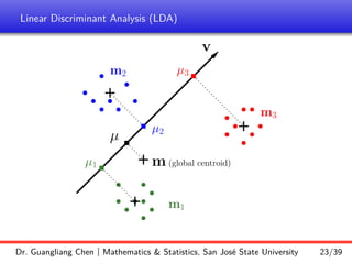 Linear Discriminant Analysis (LDA)
b
b
b
b b
b
b
b
b
b
b
b
b
b
b
b
b
b
b
b
b
b
b
b
b
+
+
+
r
r
r
+
m2
m1
m3
µ2
µ1
µ3
m (global centroid)
µ r
v
Dr. Guangliang Chen | Mathematics  Statistics, San José State University 23/39
 