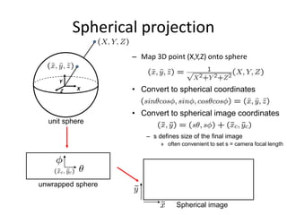 – Map 3D point (X,Y,Z) onto sphere
Spherical projection
X
Y
Z
unit sphere
unwrapped sphere
• Convert to spherical coordinates
Spherical image
• Convert to spherical image coordinates
– s defines size of the final image
» often convenient to set s = camera focal length
 