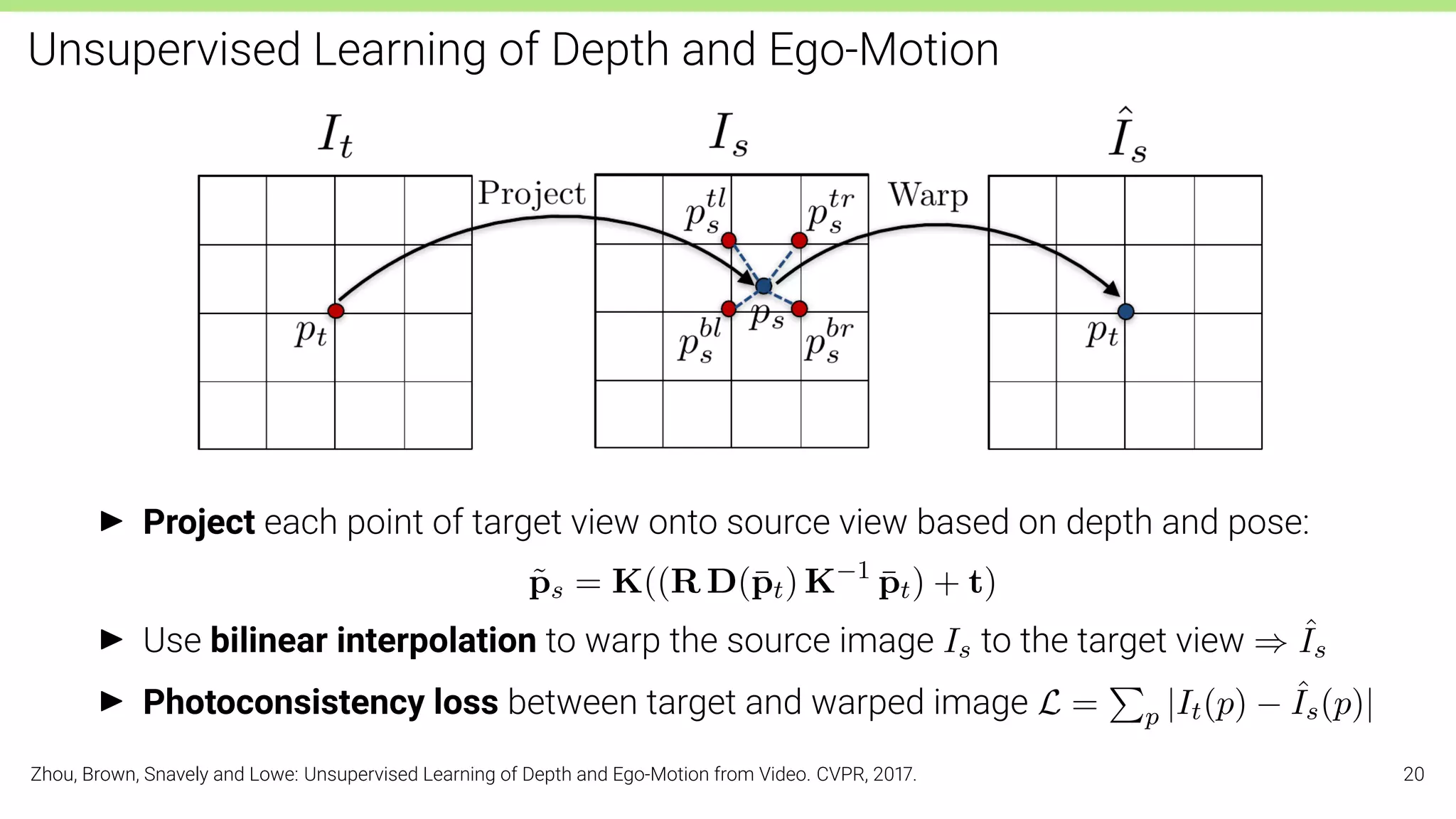 Unsupervised Learning of Depth and Ego-Motion
I Project each point of target view onto source view based on depth and pose:
p̃s = K((R D(p̄t) K−1
p̄t) + t)
I Use bilinear interpolation to warp the source image Is to the target view ⇒ ˆ
Is
I Photoconsistency loss between target and warped image L =
P
p |It(p) − ˆ
Is(p)|
Zhou, Brown, Snavely and Lowe: Unsupervised Learning of Depth and Ego-Motion from Video. CVPR, 2017. 20
 
