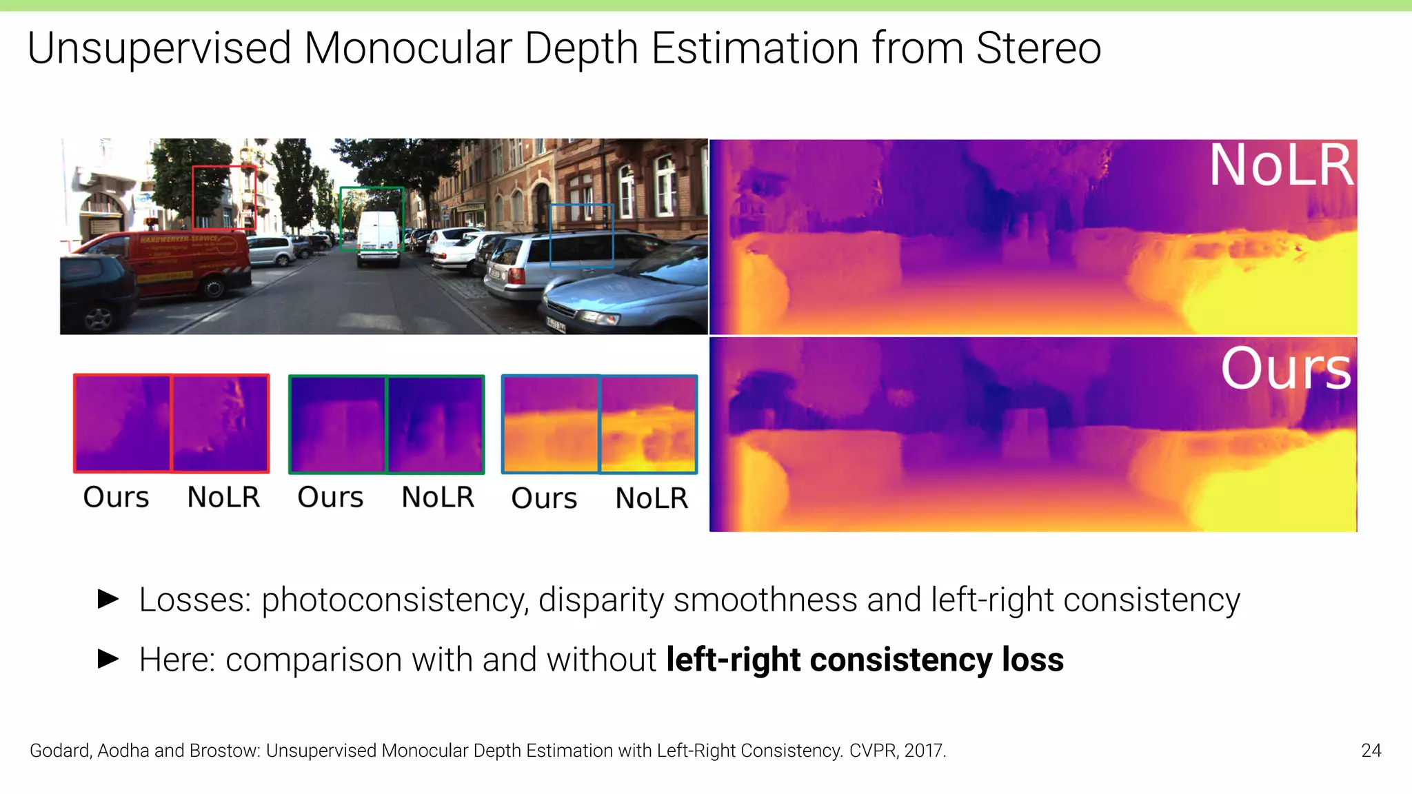 Unsupervised Monocular Depth Estimation from Stereo
I Losses: photoconsistency, disparity smoothness and left-right consistency
I Here: comparison with and without left-right consistency loss
Godard, Aodha and Brostow: Unsupervised Monocular Depth Estimation with Left-Right Consistency. CVPR, 2017. 24
 