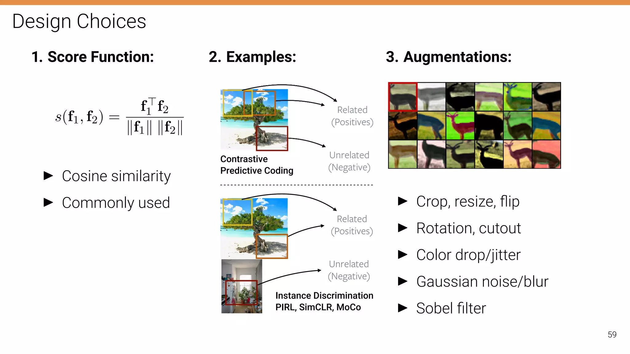 Design Choices
1. Score Function:
s(f1, f2) =
f
1 f2
kf1k kf2k
I Cosine similarity
I Commonly used
2. Examples:
Contrastive
Predictive Coding
Instance Discrimination
PIRL, SimCLR, MoCo
3. Augmentations:
I Crop, resize, ﬂip
I Rotation, cutout
I Color drop/jitter
I Gaussian noise/blur
I Sobel ﬁlter
59
 