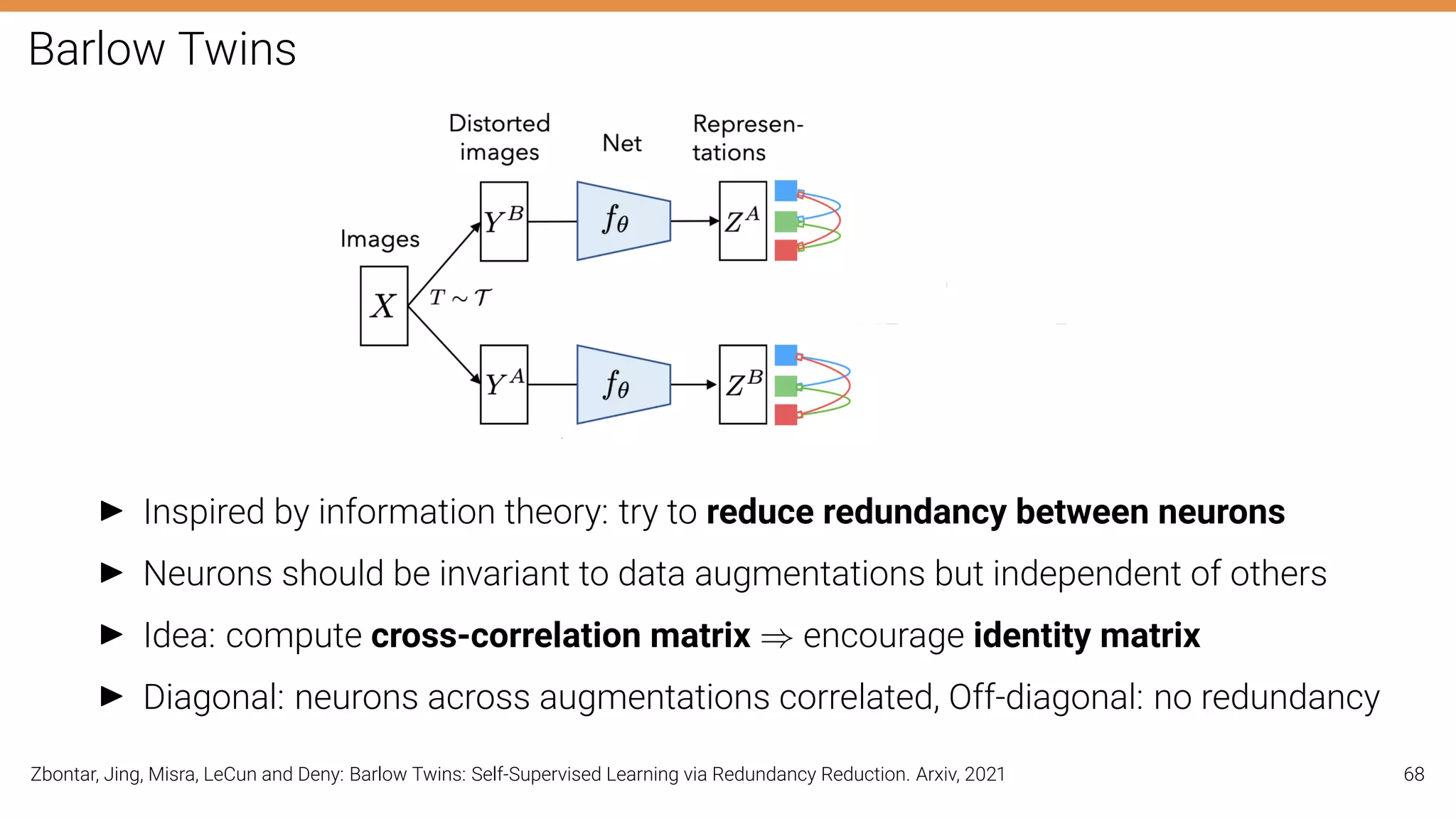 Barlow Twins
I Inspired by information theory: try to reduce redundancy between neurons
I Neurons should be invariant to data augmentations but independent of others
I Idea: compute cross-correlation matrix ⇒ encourage identity matrix
I Diagonal: neurons across augmentations correlated, Off-diagonal: no redundancy
Zbontar, Jing, Misra, LeCun and Deny: Barlow Twins: Self-Supervised Learning via Redundancy Reduction. Arxiv, 2021 68
 