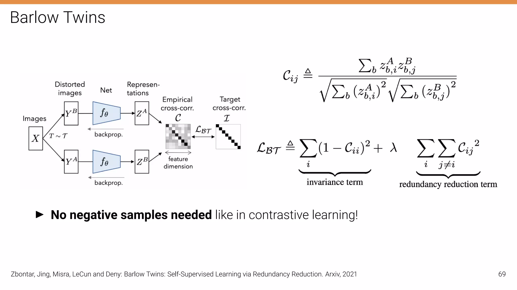 Barlow Twins
I No negative samples needed like in contrastive learning!
Zbontar, Jing, Misra, LeCun and Deny: Barlow Twins: Self-Supervised Learning via Redundancy Reduction. Arxiv, 2021 69
 