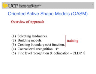 Oriented Active Shape Models (OASM)
48
(1) Selecting landmarks.
(2) Building models.
(3) Creating boundary cost function.
(4) Coarse level recognition. ß
(5) Fine level recognition & delineation – 2LDP. ß
training
Overview of Approach
 