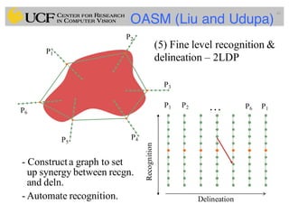 OASM (Liu and Udupa)
49
P3
P1
P2
P4P5
P6
Recognition
Delineation
P1 P2 P6 P1…
- Construct a graph to set
up synergy between recgn.
and deln.
- Automate recognition.
(5) Fine level recognition &
delineation – 2LDP
 
