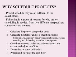 - Project schedule may mean different to the
stakeholders.
- Following is a group of reasons for why project
scheduling is needed, from two different perspectives:
contractors and owners.
1. Calculate the project completion date:
2. Calculate the start or end of a specific activity:
Specific activities may require special attention, such as
ordering and delivering materials or equipment.
3. Coordinate among trades and subcontractors, and
expose and adjust conflicts:
4. Determine resource utilization:
5. Predict and calculate the cash flow:
 