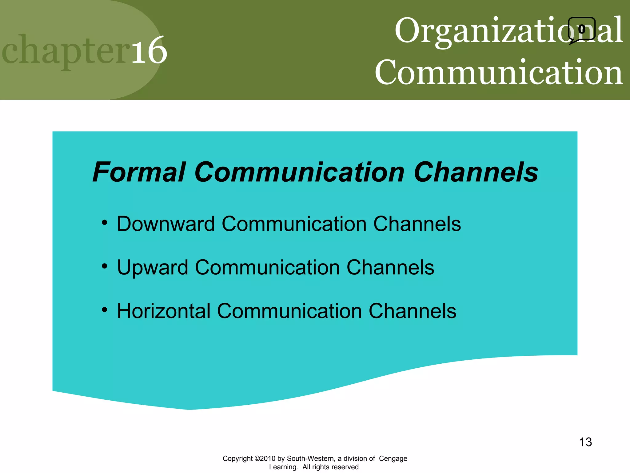 Organizational Communication Formal Communication Channels Downward Communication Channels Upward Communication Channels Horizontal Communication Channels Copyright ©2010 by South-Western, a division of  Cengage Learning.  All rights reserved. 0 