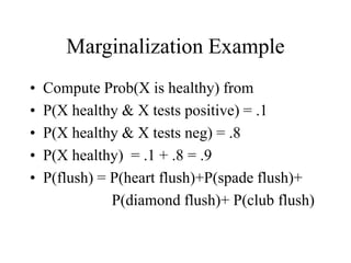 Marginalization Example
• Compute Prob(X is healthy) from
• P(X healthy & X tests positive) = .1
• P(X healthy & X tests neg) = .8
• P(X healthy) = .1 + .8 = .9
• P(flush) = P(heart flush)+P(spade flush)+
P(diamond flush)+ P(club flush)
 
