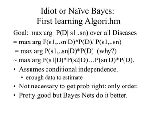 Idiot or Naïve Bayes:
First learning Algorithm
Goal: max arg P(D| s1..sn) over all Diseases
= max arg P(s1,..sn|D)*P(D)/ P(s1,..sn)
= max arg P(s1,..sn|D)*P(D) (why?)
~ max arg P(s1|D)*P(s2|D)…P(sn|D)*P(D).
• Assumes conditional independence.
• enough data to estimate
• Not necessary to get prob right: only order.
• Pretty good but Bayes Nets do it better.
 