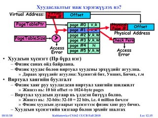 Lec 12.1510/11/10 Kubiatowicz CS162 ©UCB Fall 2010
Physical Address
Offset
Хуудаслалтыг яаж хэрэгжүүлэх вэ?
• Хуудсын хүснэгт (Пр бүрд нэг)
– Физик санах ойд байрлана.
– Физик хуудас болон виртуал хуудсны эрхүүдийг агуулна.
» Дараах эрхүүдийг агуулна: Хүсинтэй бит, Унших, Бичих, г.м
• Виртуал хаягийн буулгалт
– Физик хаяг руу хуулагдсан виртуал хаягийн шилжилт
» Жишээ нь: 10 bit offset  1024-byte pages
– Виртуал хуудсын дугаар нь үлдсэн битүүд болно.
» Жишээ нь: 32-bits: 32-10 = 22 bits, i.e. 4 million бичлэг
» Физик хуудсын дугаарыг хүснэгтээс физик хаяг руу бичнэ.
– Хуудсын хүснэгтийн хязгаар болон эрхийг шалгах
OffsetVirtual
Page #
Virtual Address:
Access
Error
>PageTableSize
PageTablePtr page #0
page #2
page #3
page #4
page #5
V,R
page #1 V,R
V,R,W
V,R,W
N
V,R,W
page #1 V,R
Check Perm
Access
Error
Physical
Page #
 