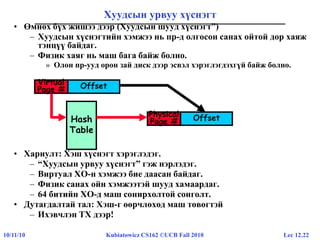 Lec 12.2210/11/10 Kubiatowicz CS162 ©UCB Fall 2010
• Өмнөх бүх жишээ дээр (Хуудсын шууд хүснэгт”)
– Хуудсын хүснэгтийн хэмжээ нь пр-д олгосон санах ойтой дор хаяж
тэнцүү байдаг.
– Физик хаяг нь маш бага байж болно.
» Олон пр-ууд орон зай диск дээр эсвэл хэрэглэгдэхгүй байж болно.
• Хариулт: Хэш хүснэгт хэрэглэдэг.
– “Хуудсын урвуу хүснэгт” гэж нэрлэдэг.
– Виртуал ХО-н хэмжээ бие даасан байдаг.
– Физик санах ойн хэмжээтэй шууд хамаардаг.
– 64 битийн ХО-д маш сонирхолтой сонголт.
• Дутагдалтай тал: Хэш-г өөрчлөхөд маш төвөгтэй
– Ихэвчлэн ТХ дээр!
Хуудсын урвуу хүснэгт
OffsetVirtual
Page #
Hash
Table
OffsetPhysical
Page #
 