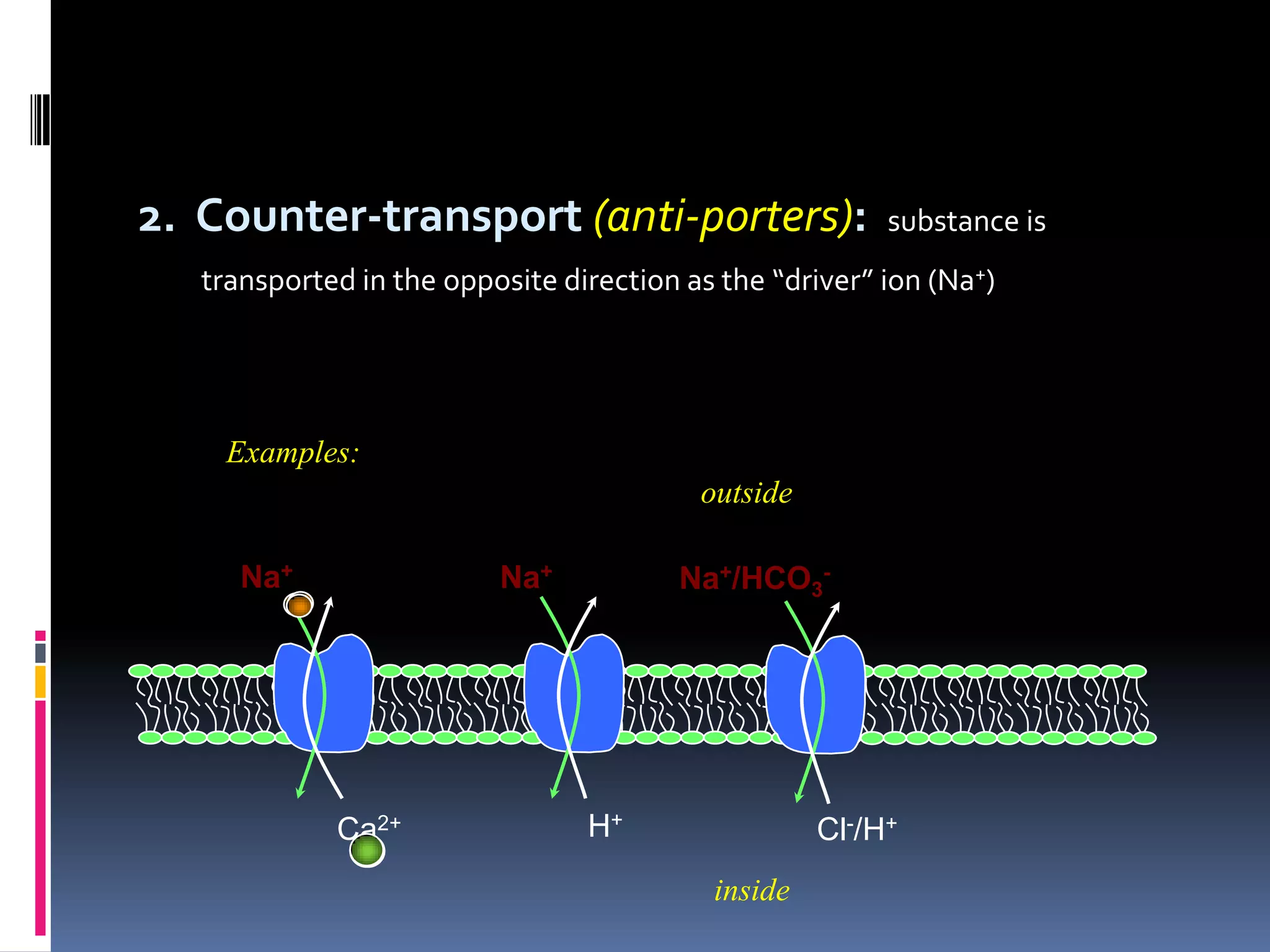 Active TransportPrimary Active Transport  molecules are “pumped” against a concentration    gradient at the expense of energy (ATP) – direct use of energySecondary Active Transport  transport is driven by the energy stored in the    concentration gradient of another molecule (Na+)– indirect use of energy