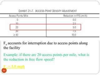 50
Fa accounts for interruption due to access points along
the facility
Example: if there are 20 access points per mile, what is
the reduction in free flow speed?
Fa = 5.0 mph
 
