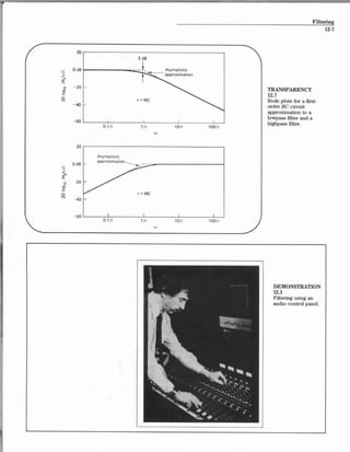 Filtering
12-7
20
203 dB
0 dB - - Asymptotic
3 approximation
-20 TRANSPARENCY
_ 12.7
S=- Rc
CBode plots for a first-
-40 order RC circuit
approximation to a
lowpass filter and a
-60 highpass filter.
0.1 /r 1/7- 10/r 100/r
20
Asymptotic
0 dB approximation
I
o -20
0r=RC
-40
-60
0.1 /r
I I I I I I
1/r- 10/r 100/r
 