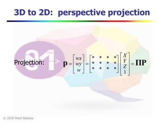 © 2020 Wael Badawy
3D to 2D: perspective projection
Projection: ΠPp 




























1
****
****
****
Z
Y
X
w
wy
wx
 
