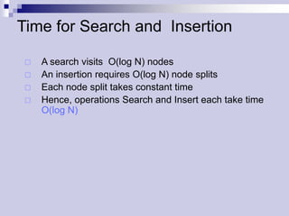 Time for Search and Insertion

    A search visits O(log N) nodes
    An insertion requires O(log N) node splits
    Each node split takes constant time
    Hence, operations Search and Insert each take time
     O(log N)
 