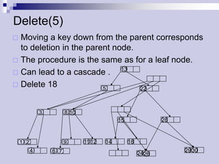 Delete(5)
 Moving a key down from the parent corresponds
  to deletion in the parent node.
 The procedure is the same as for a leaf node.
                              13
 Can lead to a cascade .
 Delete 18              5        22



              3         8 10
                                            15                28



    1 2                 9      11 12   14        18
          4       6 7                                              29 30
                                                      24 26
 