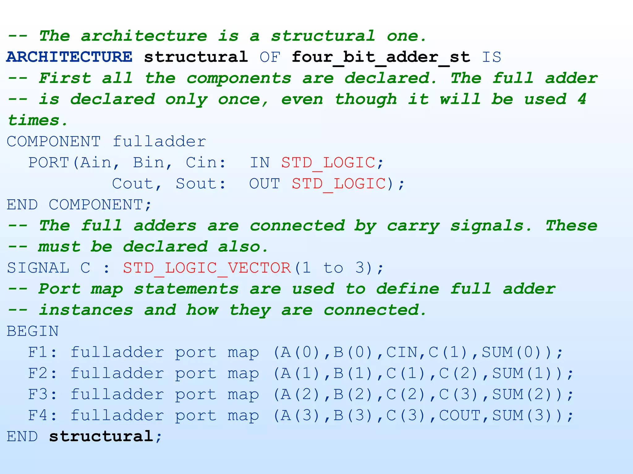 -- The architecture is a structural one.
ARCHITECTURE structural OF four_bit_adder_st IS
-- First all the components are declared. The full adder
-- is declared only once, even though it will be used 4
times.
COMPONENT fulladder
  PORT(Ain, Bin, Cin: IN STD_LOGIC;
          Cout, Sout: OUT STD_LOGIC);
END COMPONENT;
-- The full adders are connected by carry signals. These
-- must be declared also.
SIGNAL C : STD_LOGIC_VECTOR(1 to 3);
-- Port map statements are used to define full adder
-- instances and how they are connected.
BEGIN
  F1: fulladder port map (A(0),B(0),CIN,C(1),SUM(0));
  F2: fulladder port map (A(1),B(1),C(1),C(2),SUM(1));
  F3: fulladder port map (A(2),B(2),C(2),C(3),SUM(2));
  F4: fulladder port map (A(3),B(3),C(3),COUT,SUM(3));
END structural;
 