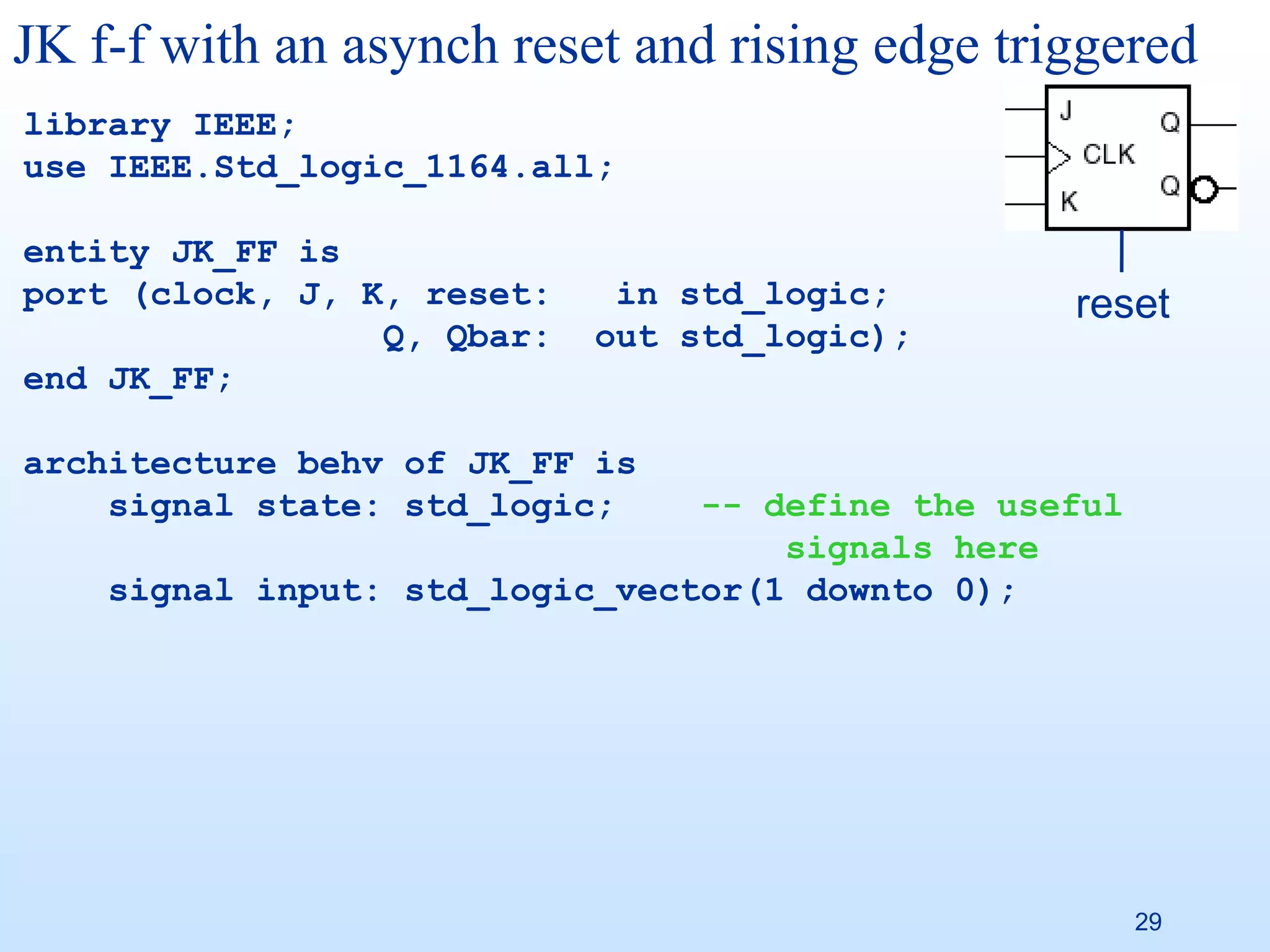 JK f-f with an asynch reset and rising edge triggered
library IEEE;
use IEEE.Std_logic_1164.all;

entity JK_FF is
port (clock, J, K, reset:    in std_logic;       reset
                 Q, Qbar:   out std_logic);
end JK_FF;

architecture behv of JK_FF is
    signal state: std_logic;    -- define the useful
                                    signals here
    signal input: std_logic_vector(1 downto 0);




                                                       29
 