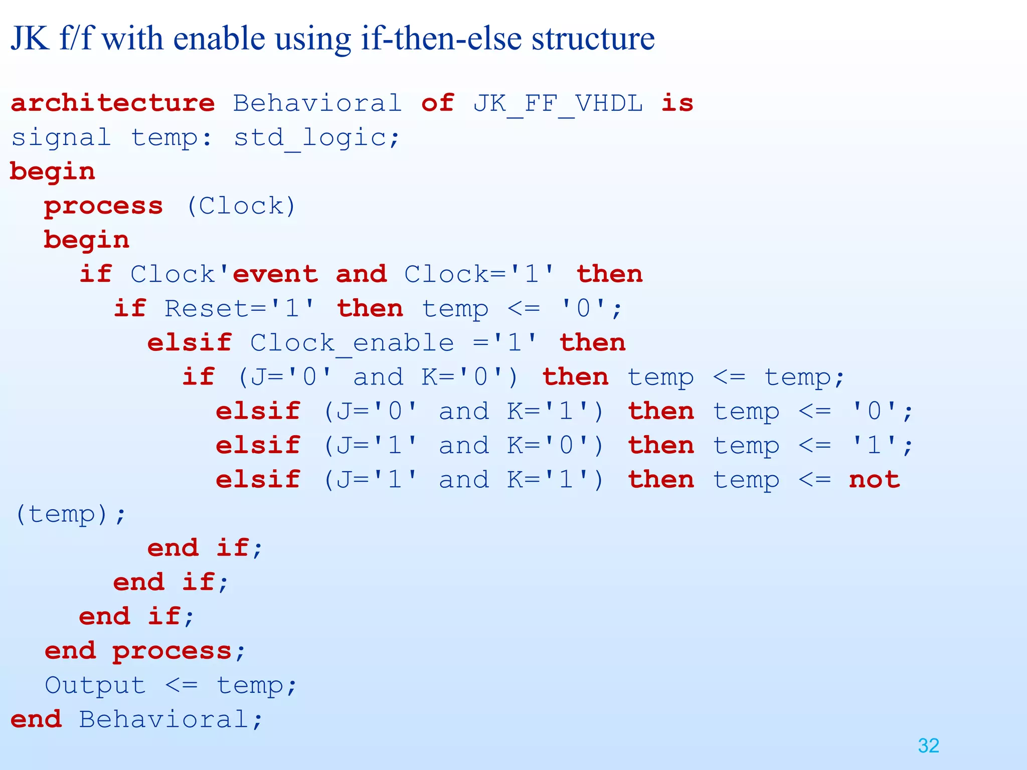 JK f/f with enable using if-then-else structure
architecture Behavioral of JK_FF_VHDL is
signal temp: std_logic;
begin
  process (Clock)
  begin
    if Clock'event and Clock='1' then
      if Reset='1' then temp <= '0';
        elsif Clock_enable ='1' then
          if (J='0' and K='0') then temp          <= temp;
            elsif (J='0' and K='1') then          temp <= '0';
            elsif (J='1' and K='0') then          temp <= '1';
            elsif (J='1' and K='1') then          temp <= not
(temp);
        end if;
      end if;
    end if;
  end process;
  Output <= temp;
end Behavioral;
                                                                 32
 