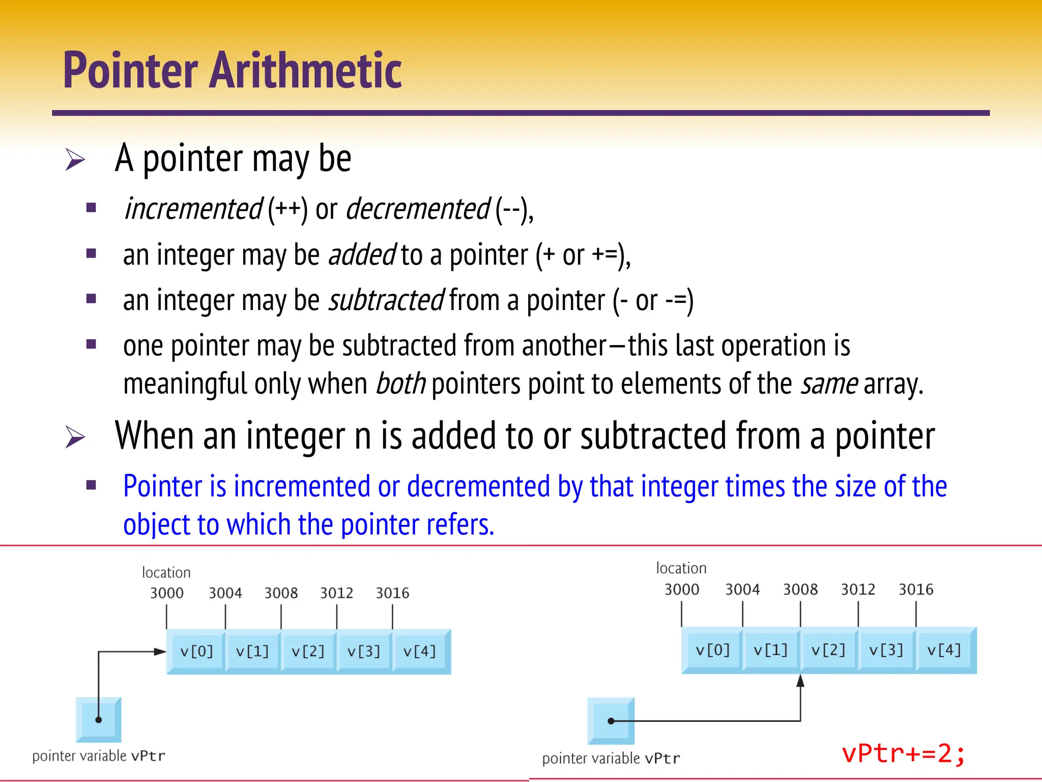 17
Pointer Arithmetic
Ø A pointer may be
§ incremented (++) or decremented (--),
§ an integer may be added to a pointer (+ or +=),
§ an integer may be subtracted from a pointer (- or -=)
§ one pointer may be subtracted from another—this last operation is
meaningful only when both pointers point to elements of the same array.
Ø When an integer n is added to or subtracted from a pointer
§ Pointer is incremented or decremented by that integer times the size of the
object to which the pointer refers.
vPtr+=2;
 