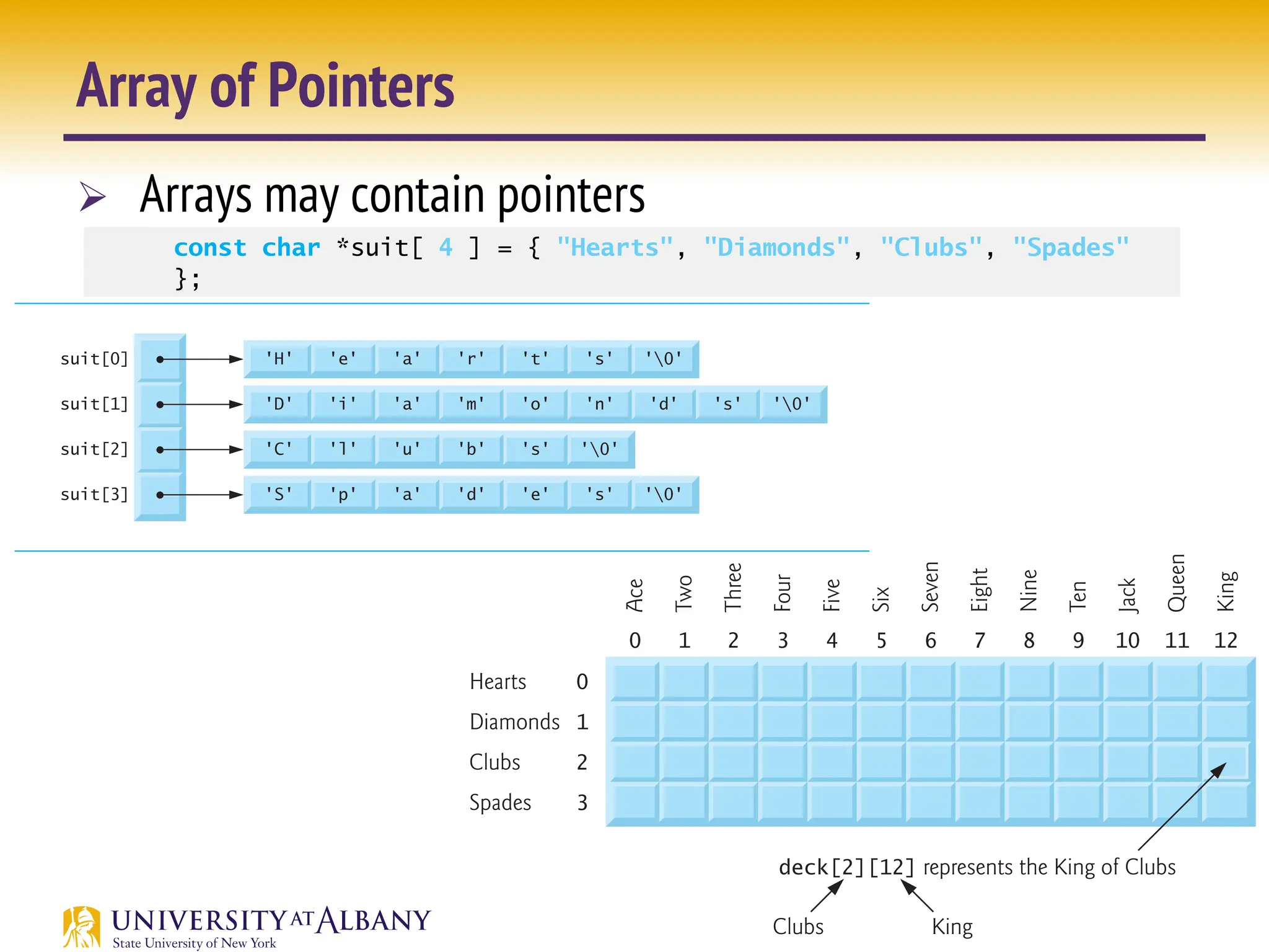 26
Array of Pointers
Ø Arrays may contain pointers
304 Chapter 7 C Pointers
string is essentially a pointer to its first character. So each entry in an array of strings is ac-
tually a pointer to the first character of a string. Consider the definition of string array
suit, which might be useful in representing a deck of cards.
The suit[4] portion of the definition indicates an array of 4 elements. The char * por-
tion of the declaration indicates that each element of array suit is of type “pointer to
char.” Qualifier const indicates that the strings pointed to by each element pointer will
not be modified. The four values to be placed in the array are "Hearts", "Diamonds",
"Clubs" and "Spades". Each is stored in memory as a null-terminated character string
that’s one character longer than the number of characters between quotes. The four strings
are 7, 9, 6 and 7 characters long, respectively. Although it appears as though these strings
are being placed in the suit array, only pointers are actually stored in the array
(Fig. 7.22). Each pointer points to the first character of its corresponding string. Thus,
even though the suit array is fixed in size, it provides access to character strings of any
length. This flexibility is one example of C’s powerful data-structuring capabilities.
const char *suit[ 4 ] = { "Hearts", "Diamonds", "Clubs", "Spades"
};
suit[1]
suit[0]
'D' 'i' 'a' 'm' 'o' 'n' 'd' 's' '0'
'H' 'e' 'a' 'r' 't' 's' '0'
7.11 Case Study: Card Shuffling and Dealing Simulatio
We use 4-by-13 double-subscripted array deck to represent the deck of pla
(Fig. 7.23). The rows correspond to the suits—row 0 corresponds to hearts, row
monds, row 2 to clubs and row 3 to spades. The columns correspond to the fac
the cards—columns 0 through 9 correspond to ace through ten respectively, an
10 through 12 correspond to jack, queen and king. We shall load string array
character strings representing the four suits, and string array face with charac
representing the thirteen face values.
0 5
4
3
deck[2][12] represents the King of Clubs
Clubs King
2
1
1
2
0
3
Diamonds
Clubs
Hearts
Spades
6 7 9
8 10 11 12
Ace
Six
Five
Four
Three
Two
Seven
Eight
Ten
Nine
Jack
Queen
King
tion of the declaration indicates that each element of array suit is of type “pointer to
char.” Qualifier const indicates that the strings pointed to by each element pointer will
not be modified. The four values to be placed in the array are "Hearts", "Diamonds",
"Clubs" and "Spades". Each is stored in memory as a null-terminated character string
that’s one character longer than the number of characters between quotes. The four strings
are 7, 9, 6 and 7 characters long, respectively. Although it appears as though these strings
are being placed in the suit array, only pointers are actually stored in the array
(Fig. 7.22). Each pointer points to the first character of its corresponding string. Thus,
even though the suit array is fixed in size, it provides access to character strings of any
length. This flexibility is one example of C’s powerful data-structuring capabilities.
The suits could have been placed in a two-dimensional array, in which each row
would represent a suit and each column would represent a letter from a suit name. Such a
data structure would have to have a fixed number of columns per row, and that number
would have to be as large as the largest string. Therefore, considerable memory could be
wasted when storing a large number of strings of which most were shorter than the longest
string. We use string arrays to represent a deck of cards in the next section.
7.11 Case Study: Card Shuffling and Dealing Simulation
In this section, we use random number generation to develop a card shuffling and dealing
simulation program. This program can then be used to implement programs that play
specific card games. To reveal some subtle performance problems, we’ve intentionally used
Fig. 7.22 | Graphical representation of the suit array.
'S'
suit[3]
suit[2]
suit[1]
suit[0]
'p' 'a' 'd' 'e' 's' '0'
'C' 'l' 'u' 'b' 's' '0'
'D' 'i' 'a' 'm' 'o' 'n' 'd' 's' '0'
'H' 'e' 'a' 'r' 't' 's' '0'
 