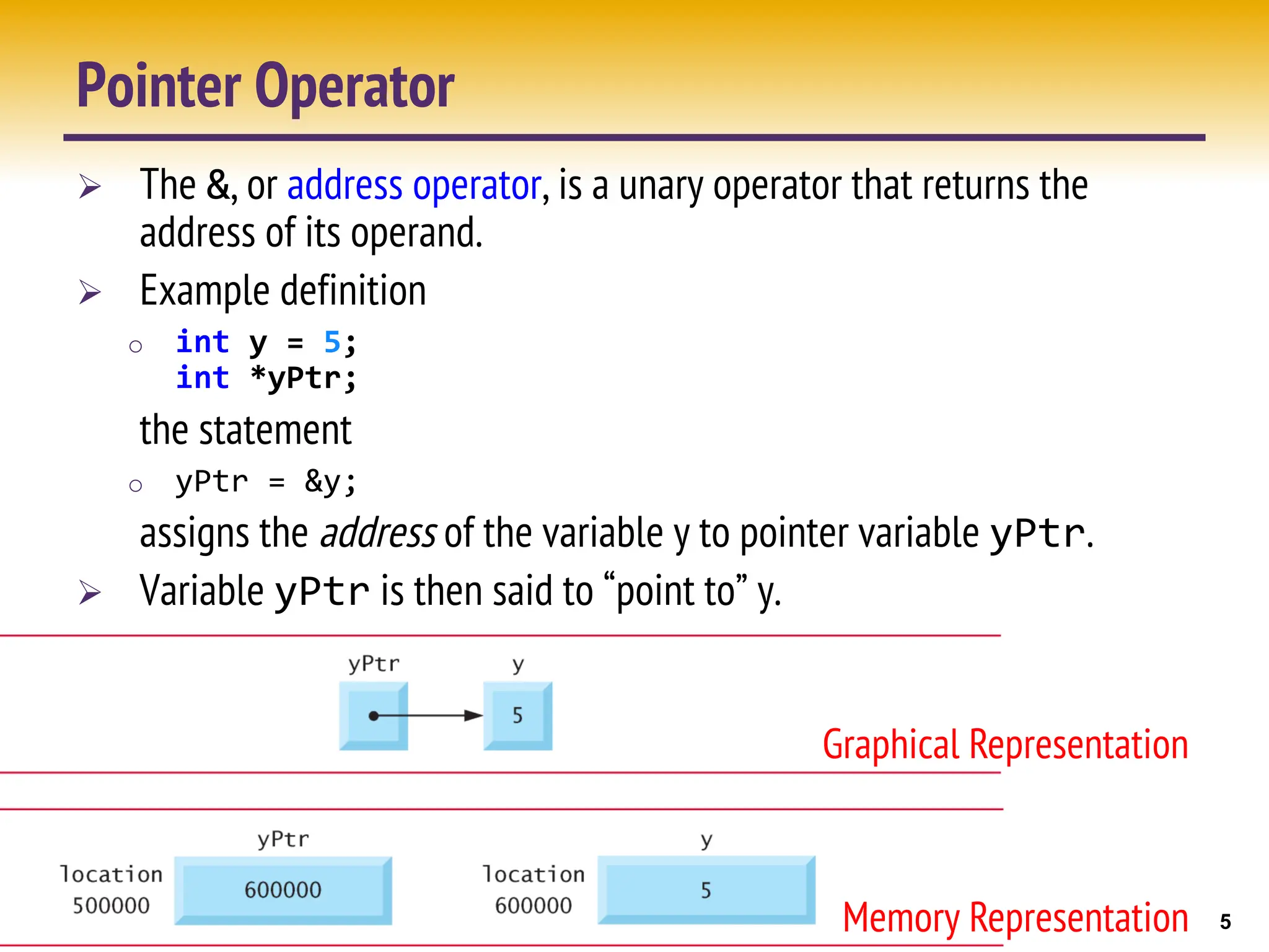 5
Pointer Operator
Ø The &, or address operator, is a unary operator that returns the
address of its operand.
Ø Example definition
o int y = 5;
int *yPtr;
the statement
o yPtr = &y;
assigns the address of the variable y to pointer variable yPtr.
Ø Variable yPtr is then said to “point to” y.
Graphical Representation
Memory Representation
 