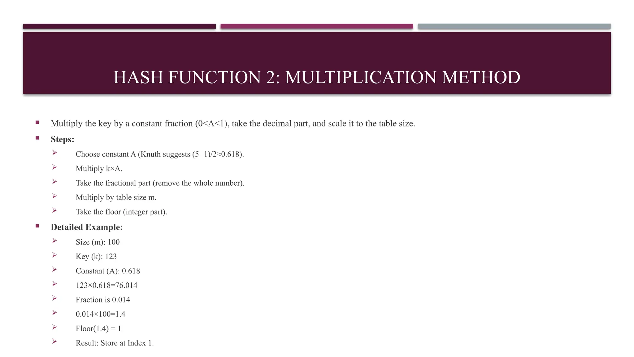 HASH FUNCTION 2: MULTIPLICATION METHOD
 Multiply the key by a constant fraction (0<A<1), take the decimal part, and scale it to the table size.
 Steps:
 Choose constant A (Knuth suggests (5​
−1)/2≈0.618).
 Multiply k×A.
 Take the fractional part (remove the whole number).
 Multiply by table size m.
 Take the floor (integer part).
 Detailed Example:
 Size (m): 100
 Key (k): 123
 Constant (A): 0.618
 123×0.618=76.014
 Fraction is 0.014
 0.014×100=1.4
 Floor(1.4) = 1
 Result: Store at Index 1.
 