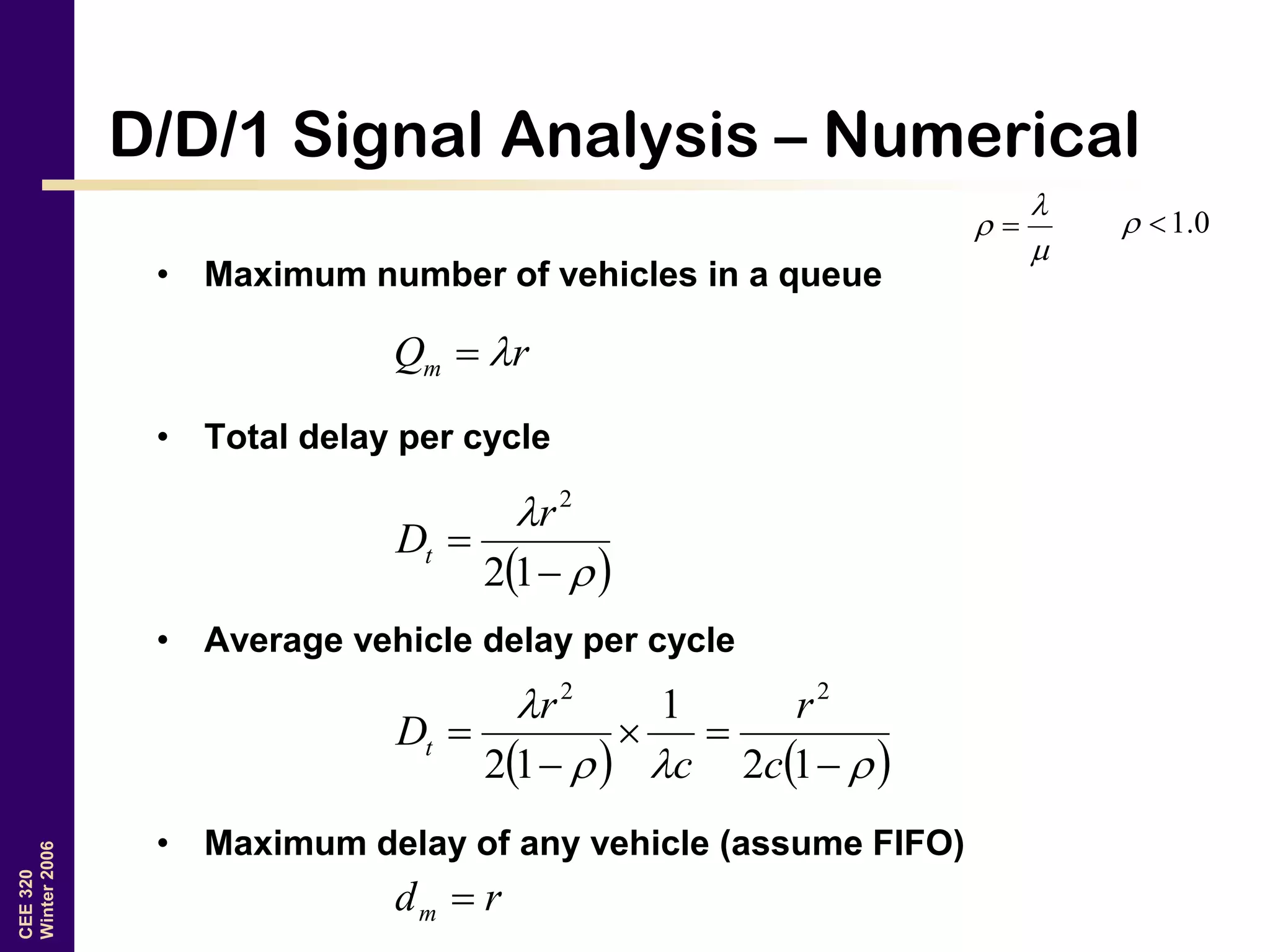 CEE320
Winter2006
D/D/1 Signal Analysis – Numerical
• Maximum number of vehicles in a queue
• Total delay per cycle
• Average vehicle delay per cycle
• Maximum delay of any vehicle (assume FIFO)


  0.1
rQm 
 



12
2
r
Dt
   





12
1
12
22
c
r
c
r
Dt
rdm 
 